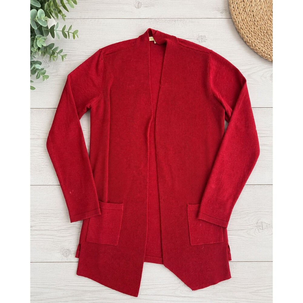 Orvis 100% Merino Wool Long Cardigan Sweater Small Red Open Front Pockets